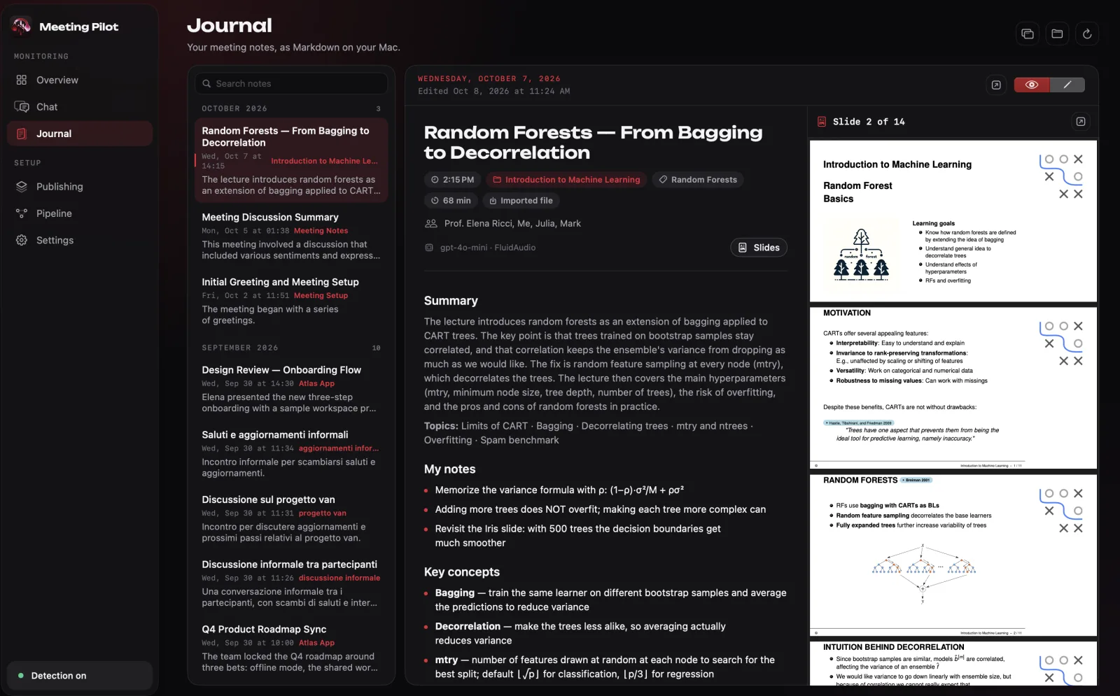 The Journal: meetings and lectures by date, and a Random Forests lecture with its summary, notes and key concepts next to the slides PDF