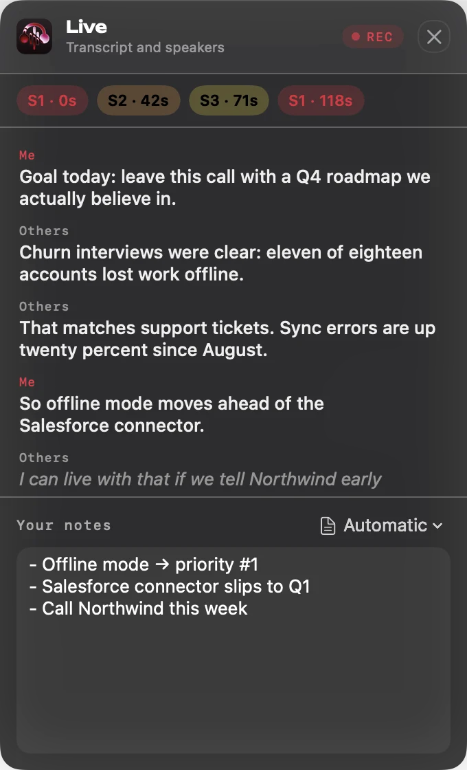 Live sidebar with a running transcript, speaker segments and personal notes