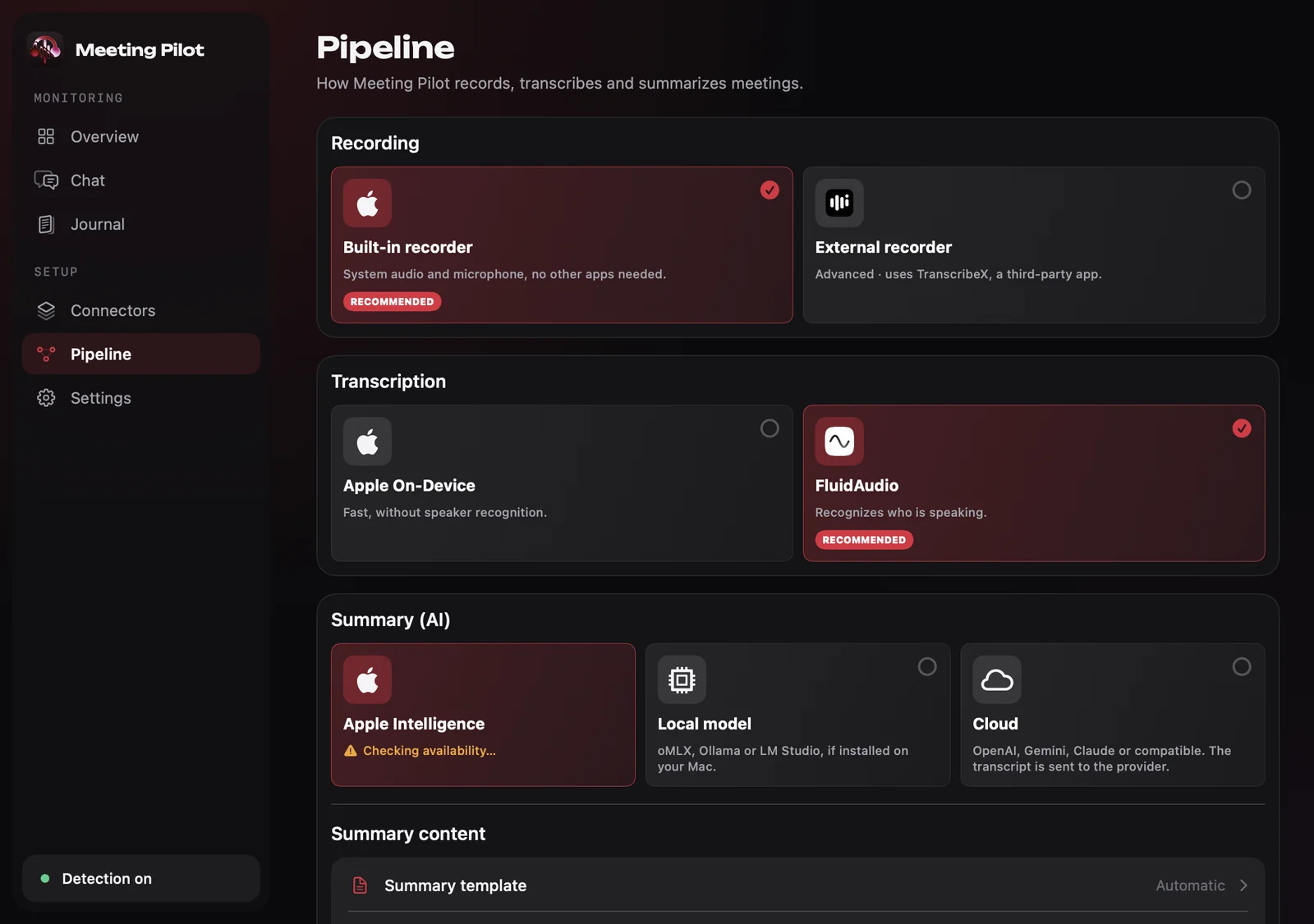 Pipeline settings: recorder, FluidAudio or Apple On-Device transcription, and the summary provider